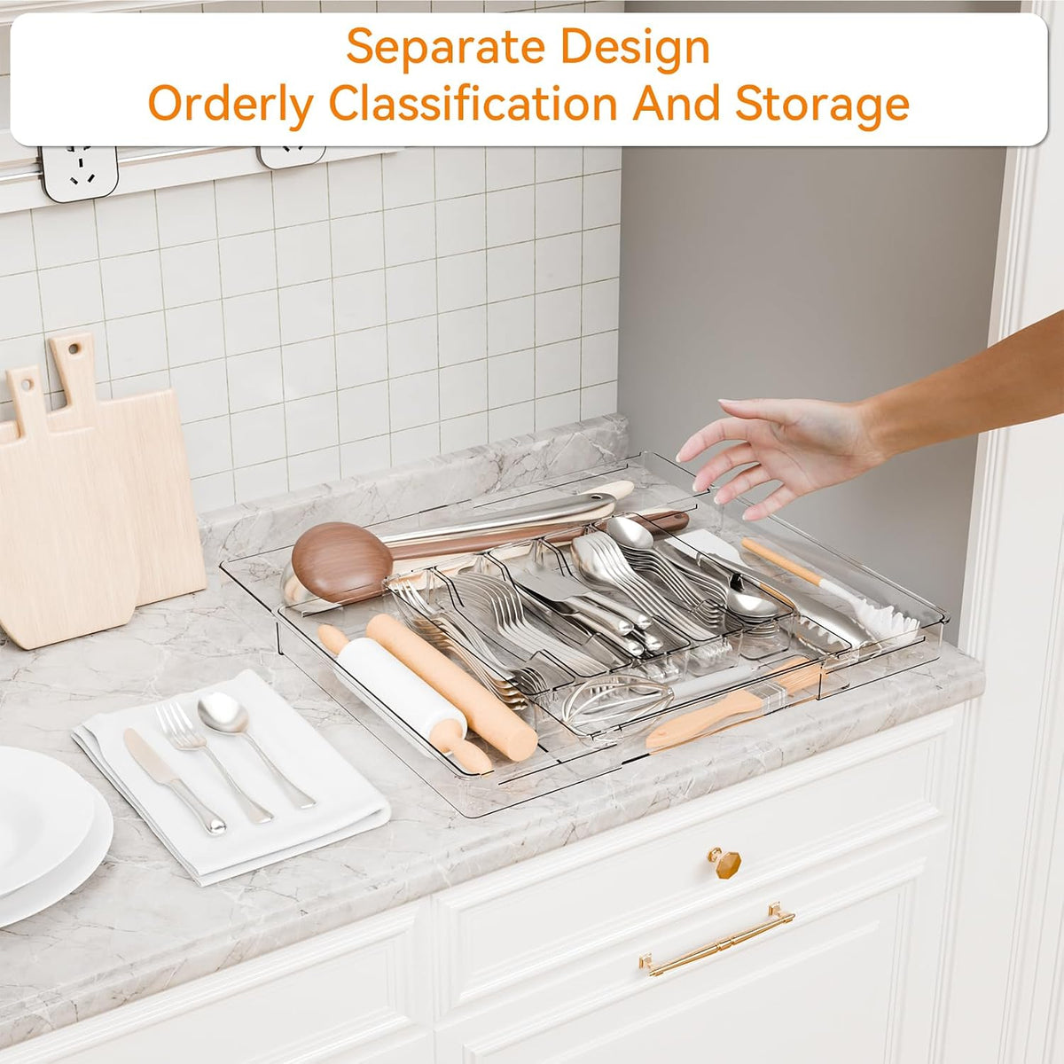 Acrylic Clear Expandable Kitchen Utensil Drawer Organizer and Silverware Organizer,BPA FREE Adjustable Silverware Tray for Drawer Cutlery,Spatula,Tools,Flatware Organizers,Fork and Spoon Holder