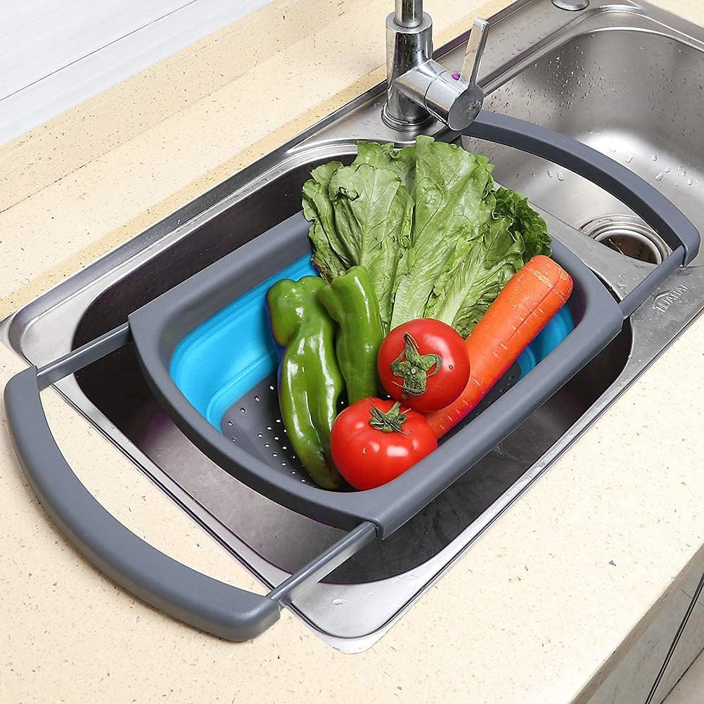 Silicone Collapsible Colander,Colander Strainer Over The Sink Vegetable/Fruit Colanders Strainers with Extendable Handles for Pasta Vegetables Fruits Blue