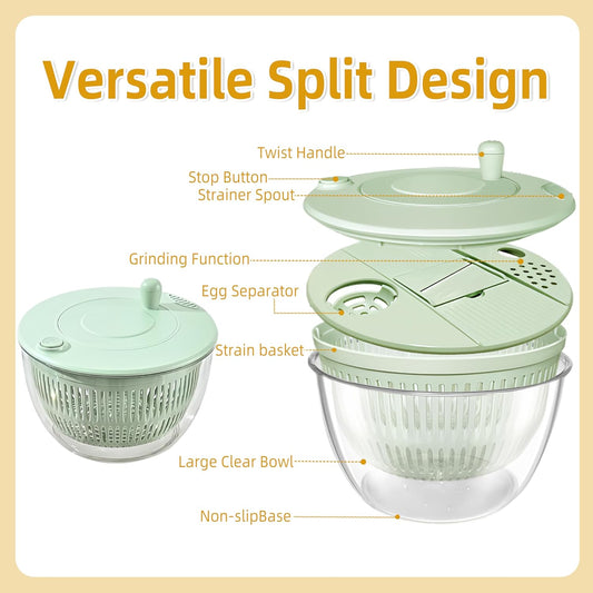 Large Capacity Green Salad Spinner, 4.24 Quart Lettuce Spinner with Dual Drainage, Efficient Salad Dryer for Quick Washing, Spinning & Draining Greens, Fruits, Veggies-with Shredding Blade