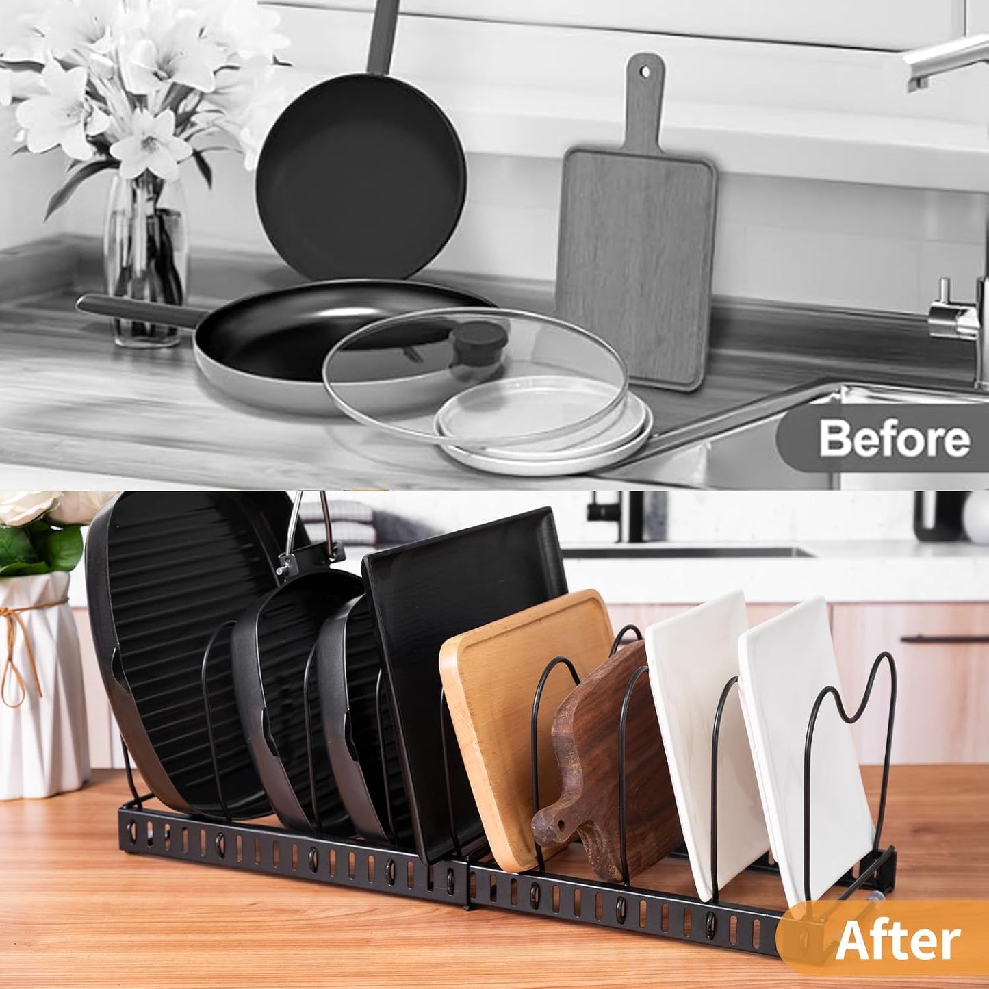 Pots and Pans Organizer,with 10 Adjustable Partitions | Rack for under Cabinet,Expandable Pot Lid Kitchen Cabinet Organizer Holder,Suitable for Kitchen Pan Organizers Inside Cabinet