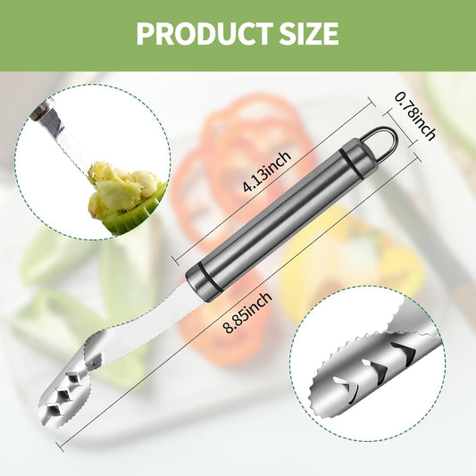 3pcs Jalapeno Pepper Corer, 2 in 1 Chili Corer Tool - Stainless Steel Pepper Seed Remover with Serrated Slice & Handle, for Slicing Off Vegetable Tops or Removing Pepper Cores