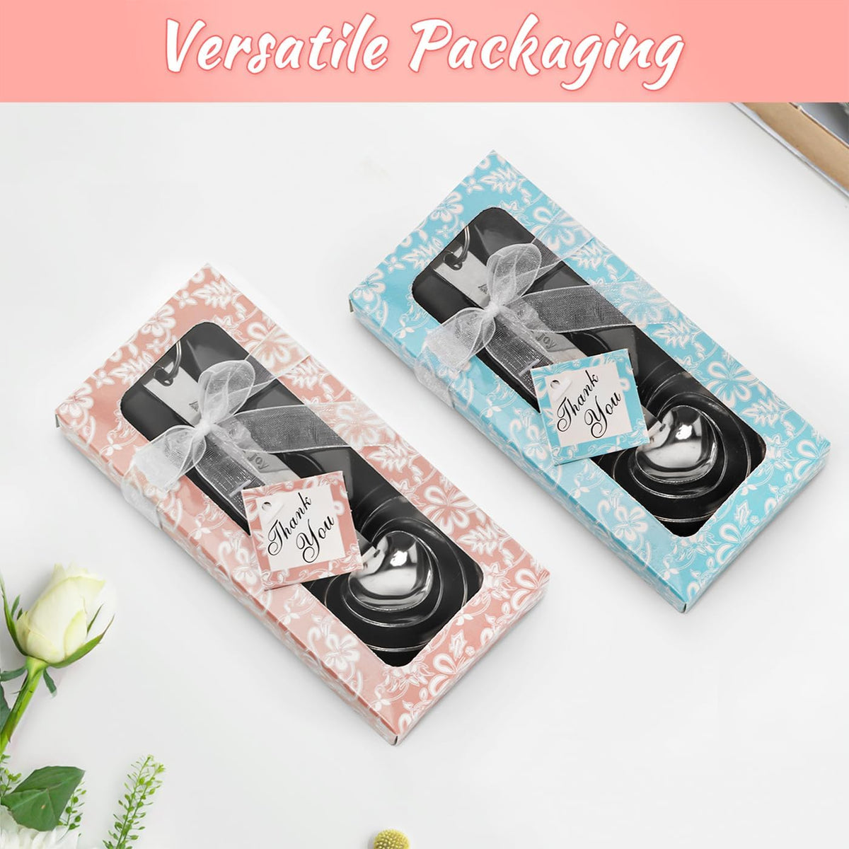 50 Set Heart Measuring Spoons,Pink Wedding Bridal Shower Bulk Return Gifts | Plastic heart measuring spoons with bags and cards. Practical souvenirs for wedding guests and bridal shower favors