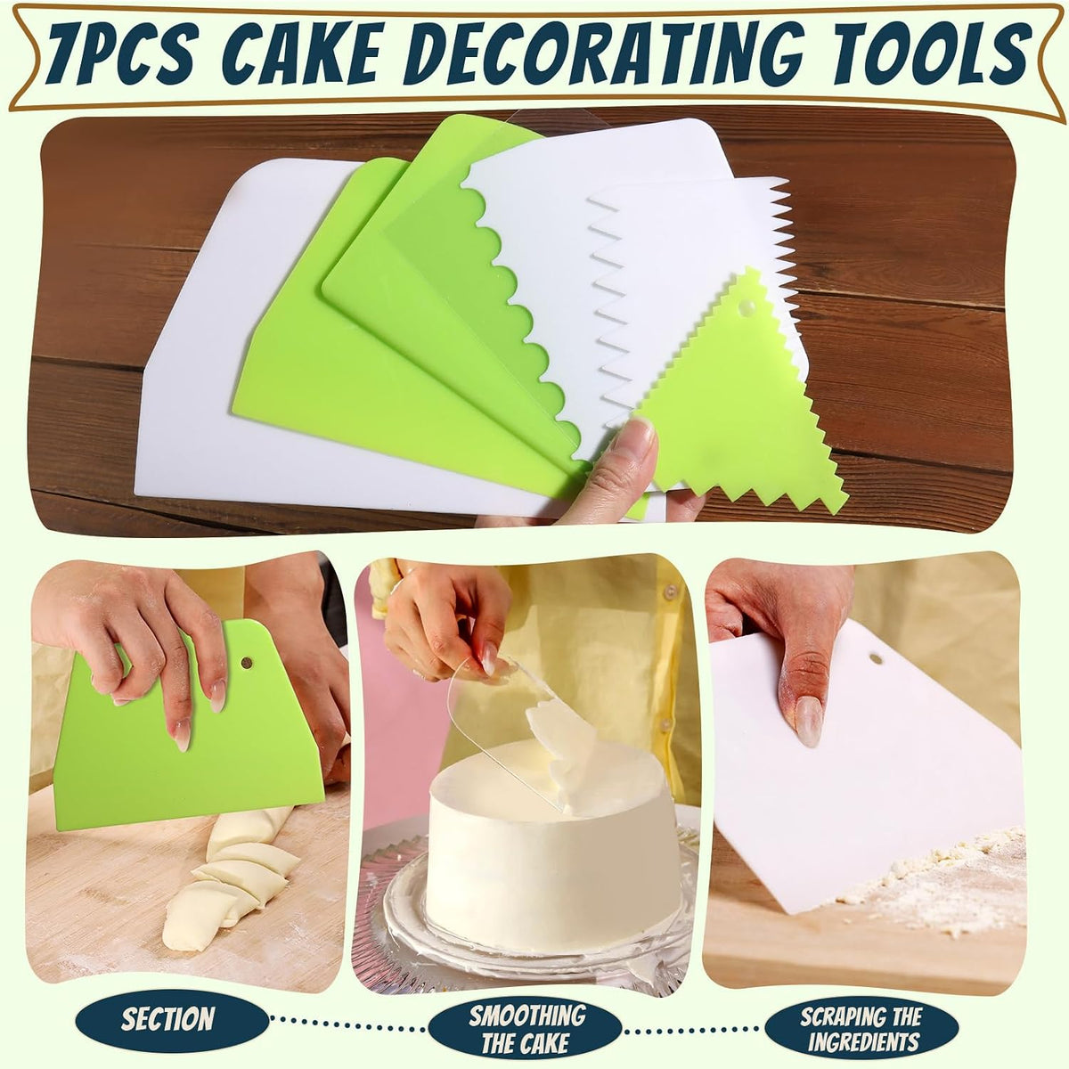 Teenitor Cake Scraper Cake Smoother, 7 Pcs Dough Scraper Bowl Scraper Cake Cutter Cake Spatula Bench Scraper Kitchen Plastic Scraper Tool Cake Decorating Kit