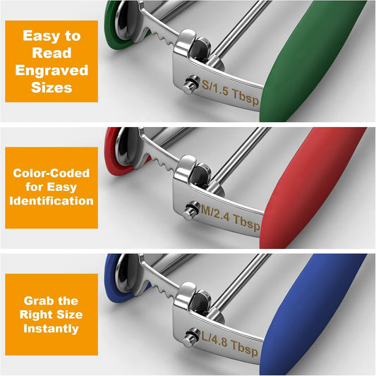 Cookie Scoop,Color-Coded Cookie Dough Scoops Set of 3 for Baking | 3 Different Sizes,18/8 Stainless Steel,Soft Rubber Handles,Engraved Sizes,for Ice Cream Cupcakes Muffins Meatballs