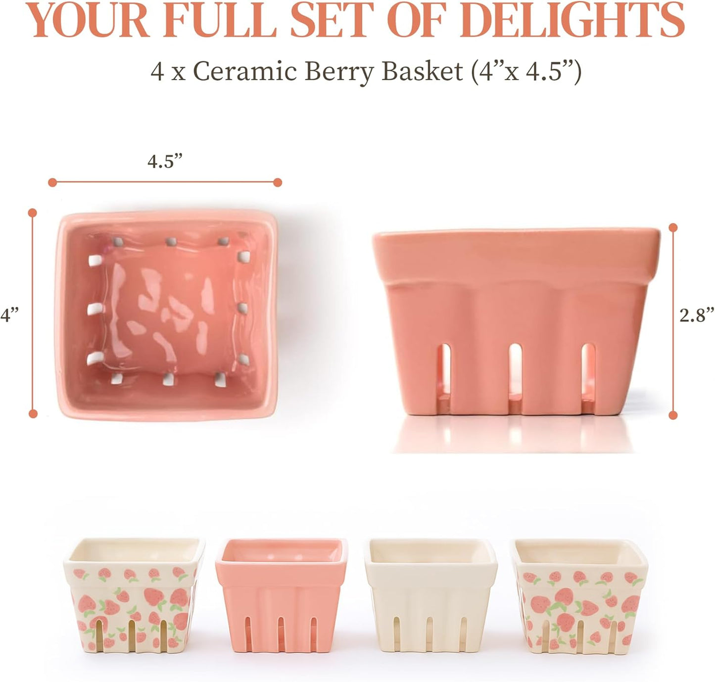 Ceramic Berry Basket Set of 4, Farmhouse Fruit Colanders | Yellow, white and floral designs, stoneware, dishwasher safe, drains and stores berries, farmhouse kitchen decor