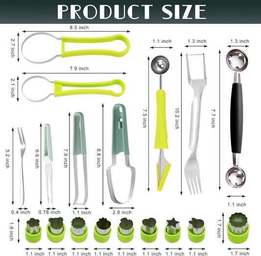 21-Piece Stainless Steel Vegetable Fruit Cutters Shaper Kit | Watermelon Cutter Slicer, Melon Baller Scoop, Fork Cutter Tool Kit, Fruit Scooper Seed Remover for Melon, Pineapple, Mango