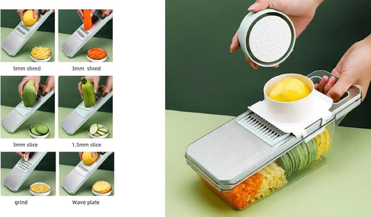 Mandoline Slicer & Vegetable Cutter – 6-in-1 Manual Food Chopper with Container – Stainless Steel Blades for Onions, Fruits & Vegetables – BPA-Free, Dishwasher Safe, Non-Slip Base, Easy Meal Prep