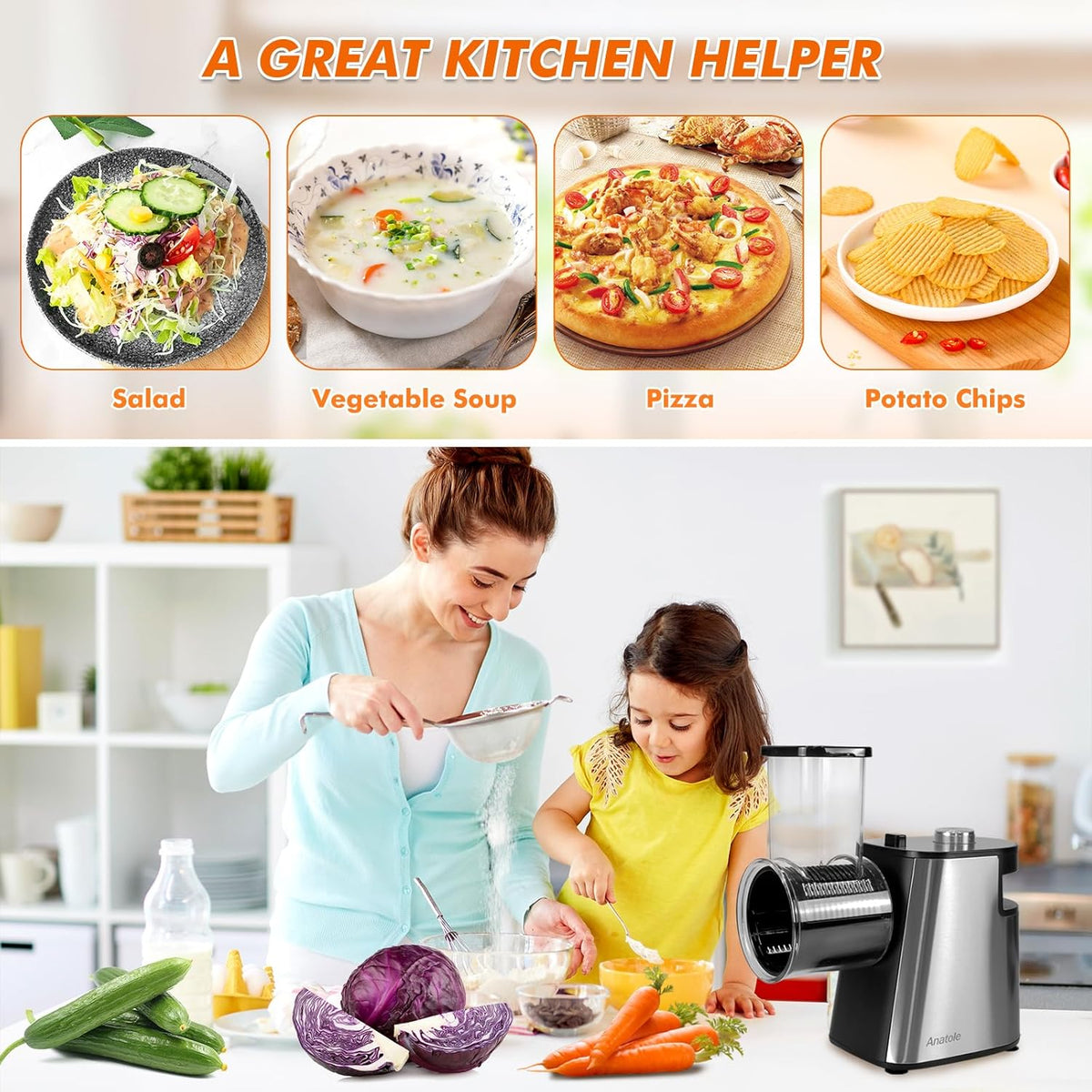 6-In-1 Electric Cheese Grater Rotary Vegetable Shredder Slicer 250W