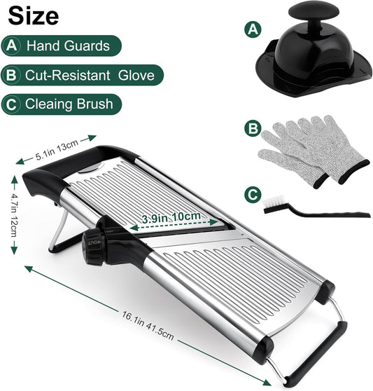Mandoline Slicer for Kitchen, Adjustable Mandoline Food Slicer | Stainless Steel Vegetable Slicer, Adjustable Blade, Slices, Julienne, Waffle and French Fries Cut, Includes Gloves and Brush