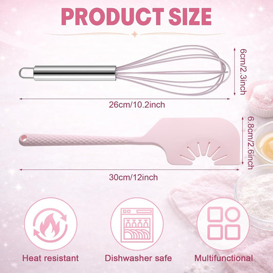 2 Pack Silicone Kitchen Utensils - 12'' Silicone Spatula Scraper & Whisk, Compatible with Flat Beaters, Hand Mixer Beaters, Whisks, Dough Hooks for Baking, Mixing, Scraping(Pink)