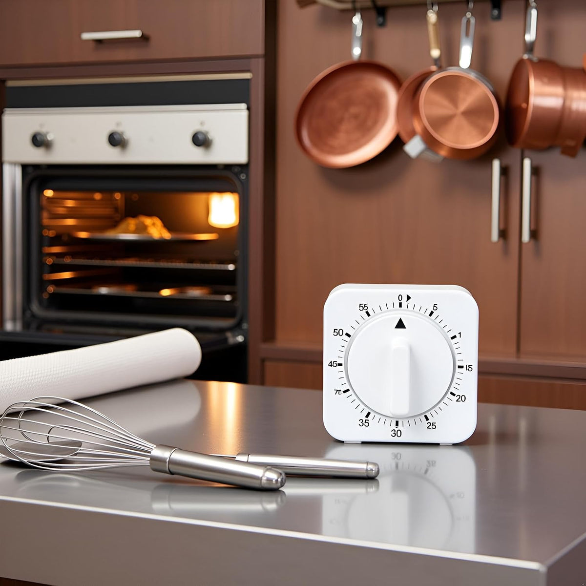 White Timer Clock Square 60-Minute Mechanical Kitchen Timer Wind up Visual Cooking Clock with Loud Alarm No Batteries Required Ideal for Cooking Baking and Kitchen
