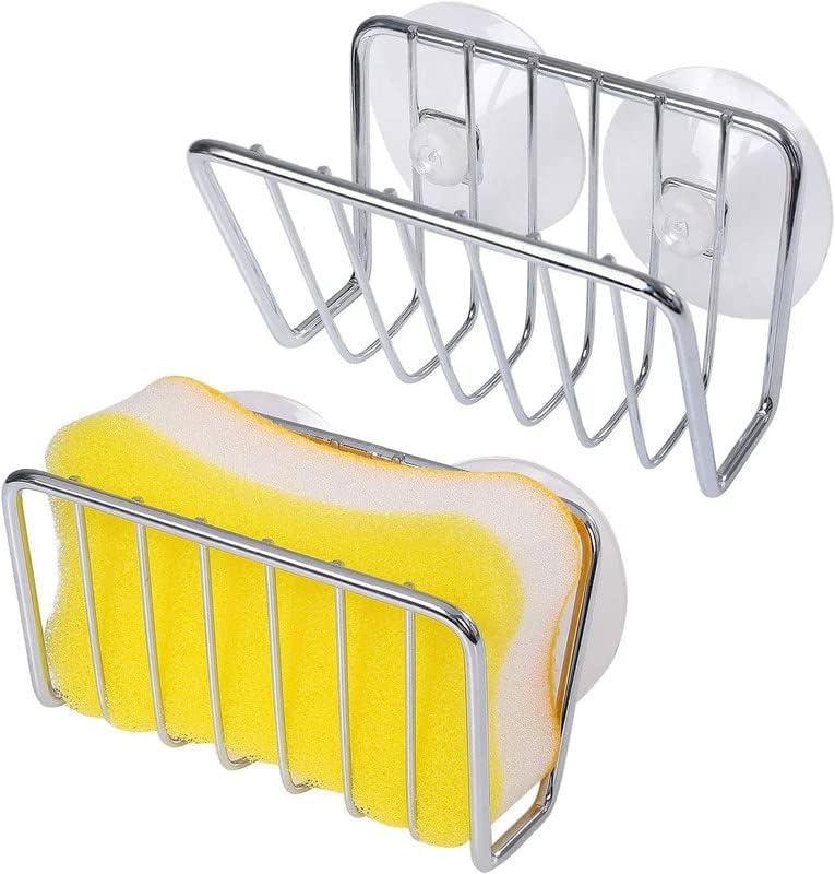 Sponge Holder for Kitchen Sink, Stainless Steel Suction Cup Sponge Caddy - Silver