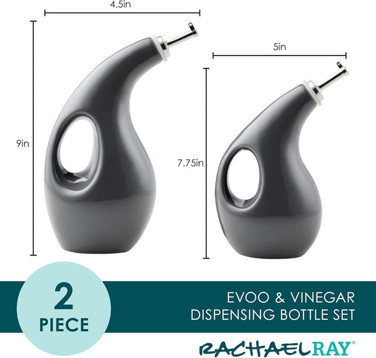 Rachael Ray Serveware Ceramic EVOO Oil and Vinegar Dispensing Bottle Set, 2 Piece, Gray