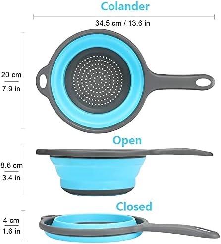 Kitchen Foldable Silicone Strainer Colanders with Handles, Blue | Collapsible Colanders, Space-Saver Folding Strainer, for Draining Pasta, Vegetable