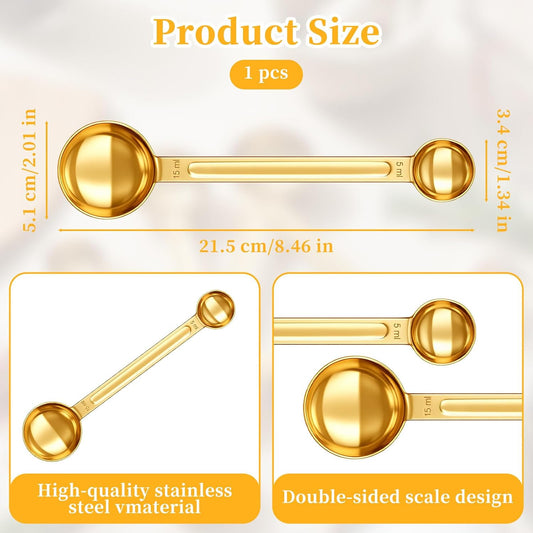 Double Sided Teaspoon Measuring Spoons, Stainless Steel 1 Tsp (5ml) & 1 Tbsp (15ml) Long-Handle Tablespoon Scoop, Space-Saving Gold Coffee Measuring Spoon for Coffee Milk Cooking Baking (8.64 Inch)
