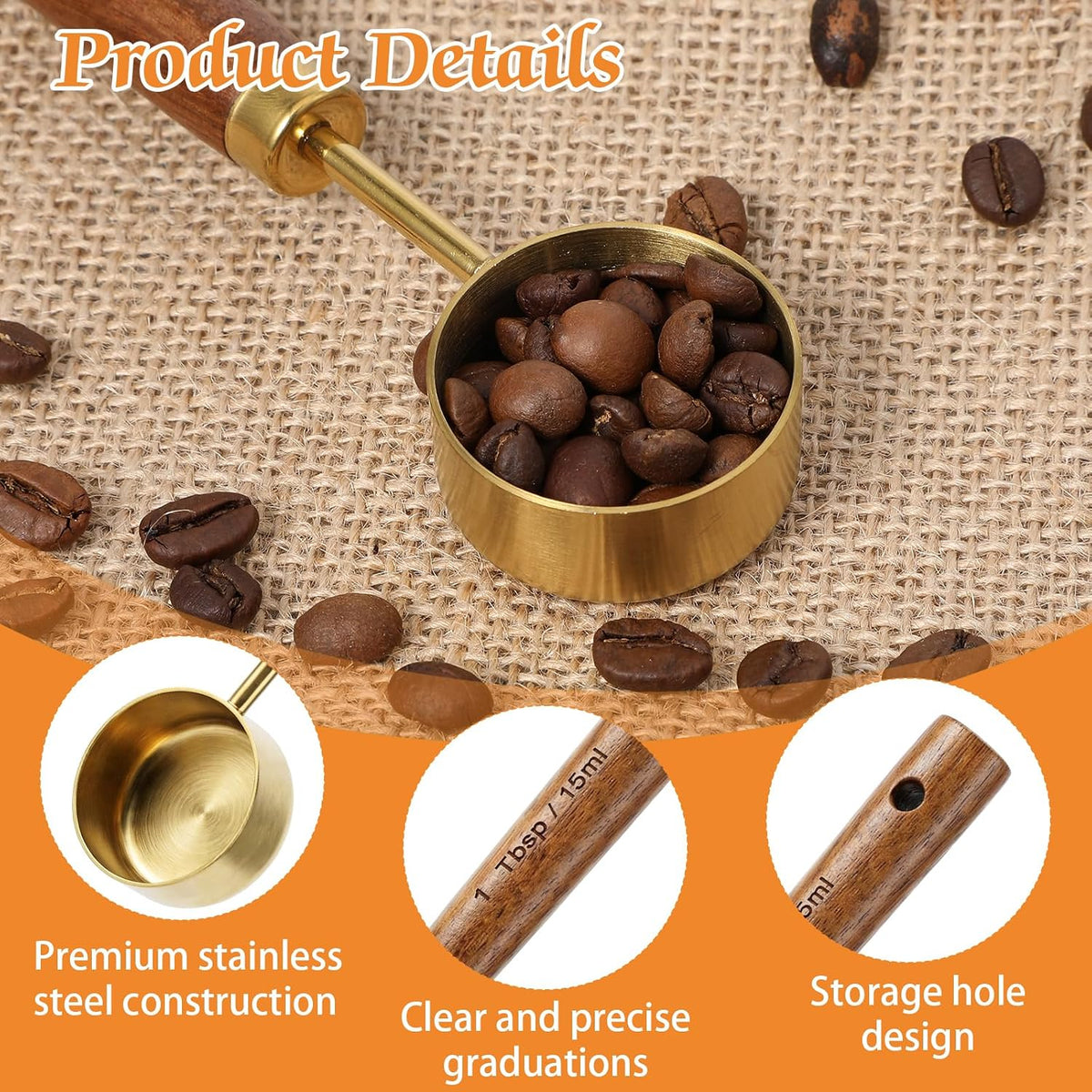 15ML 1 Tablespoon Scoop, Coffee Measuring Spoon, Stainless Steel Wooden Handle 1 Teaspoon Measuring Spoon for Coffees,Tea,Spices and More