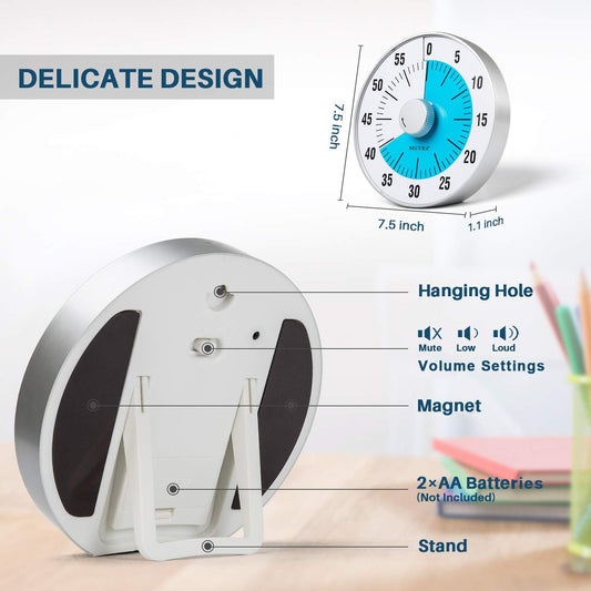 7.5-Inch Oversize Visual Countdown Timer, 60-Minute Kitchen Timer | Time Management Tool for Kids, Teachers and Adults (Blue)