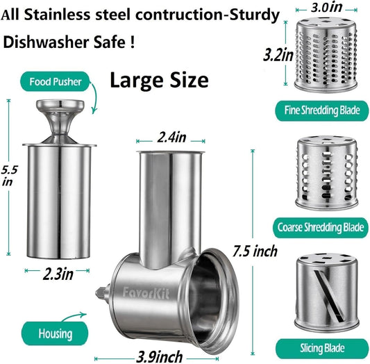 Chesse Grater Slicer Shredder Attachment for Kitchenaid Mixers | 100% Stainless Steel Salad Maker Accessory, 60mm Large Feed Chute, EasyClean Dishwasher Safe,Save Time-2LB potato only 1min.