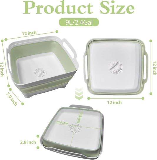 2PCS Dishpan for Washing Dishes, 9L(2.4Gallon) Collapsible Wash Basin with Drain Plug Carry Handles, Collapsible Bucket for Cleaning, Vegetable Washing, RV(Green + Grey)