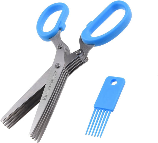 Herb Scissors - with Retail Package - Multipurpose Kitchen Shears - 5 Extremely Sharp Stainless Steel Blades - Handy Cleaning Comb - Multi Blade - Time-Saving - Chop Herbs