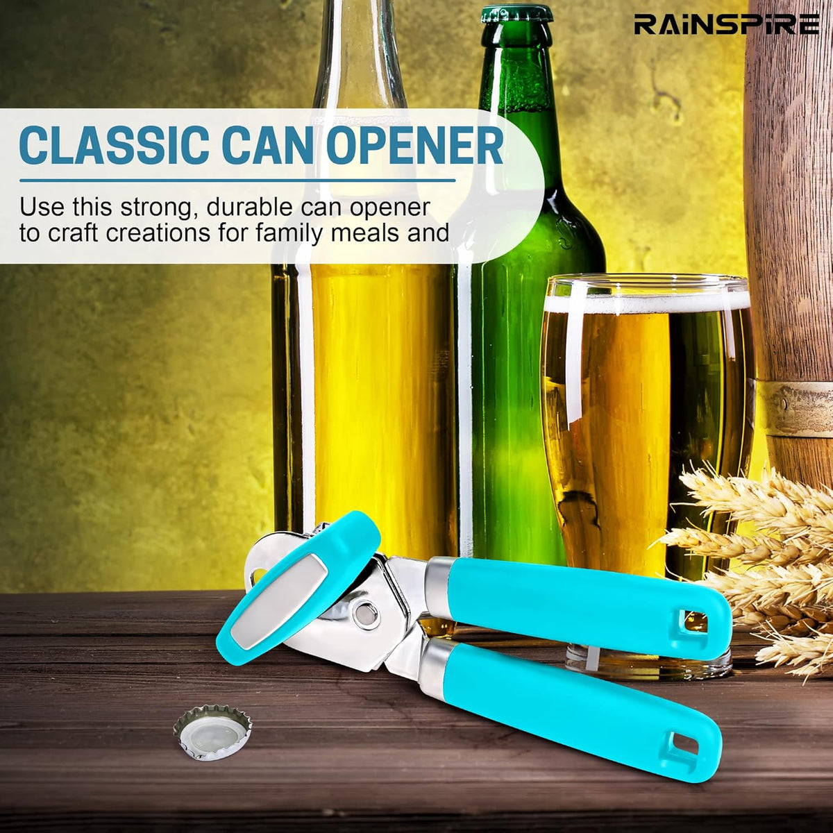 Can Opener Manual Handheld Strong Manual Can Opener Smooth Edge Cut, Can Opener Heavy Duty, Comfortable Soft Handle, Built-in Bottle Opener, Blue