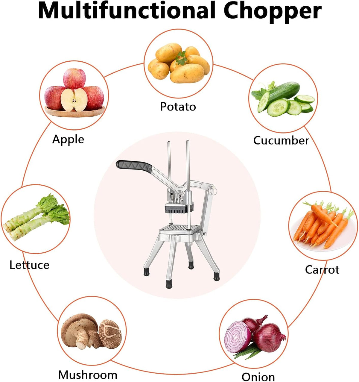 Commercial Vegetable Chopper French Fry Cutter with 4 Sizes Blades, Potato Dicer Slicer Fruit Chopper Stainless Steel for Restaurant, Home & Kitchen, 1/2", 3/8", 1/4" & 8-Wedge Blades