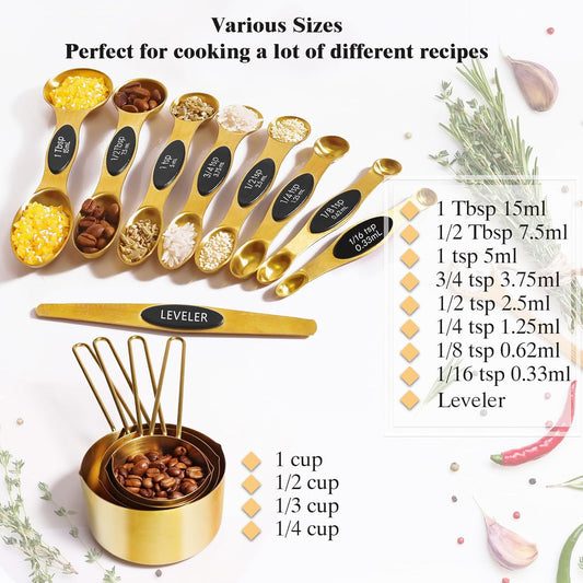 13pcs Gold Stainless Steel Measuring Cups and Spoons Set, Including 8 Double-Sided Magnetic Measuring Spoons Set & 1 Leveler, 4 Metal Measuring Cups, Kitchen Accessroies for Cooking & Baking