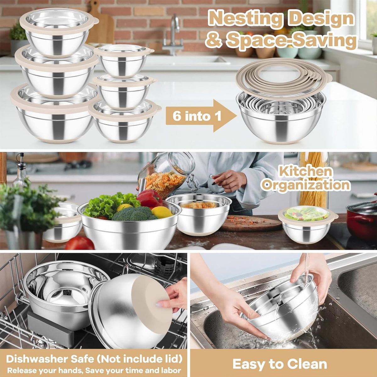 Mixing Bowls with Clear Lids, Stainless Steel Salad Bowls, Khaki | Metal Nesting Bowls with Non-Slip Bottom for Flour Fruit, Baking Mixing Serving Prepping, 6PCS, 4.6/ 3.5/ 2/ 1.5/ 1/ 0.7 QT
