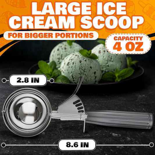 Stainless Steel Ice Cream Scoop with Trigger Release, 4 Oz #8 Disher | 8.74 x 2.75 Inch Portion Scoop with an Ergonomic Handle for Baking, Cookies & Desserts - Easy to Clean and Dishwasher-Safe