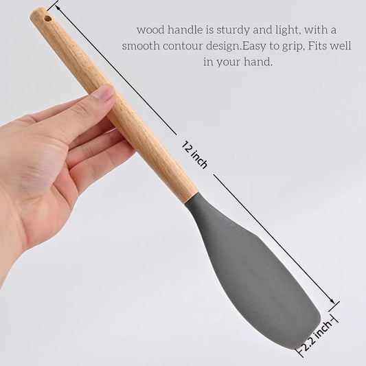 Large Wooden Handle Spatula Set, 12" Rubber Spatula 4-Pack Nonstick Silicone Spatulas for Baking Cooking and Mixing, Jar Scraper (Grey, Green, White, Black).