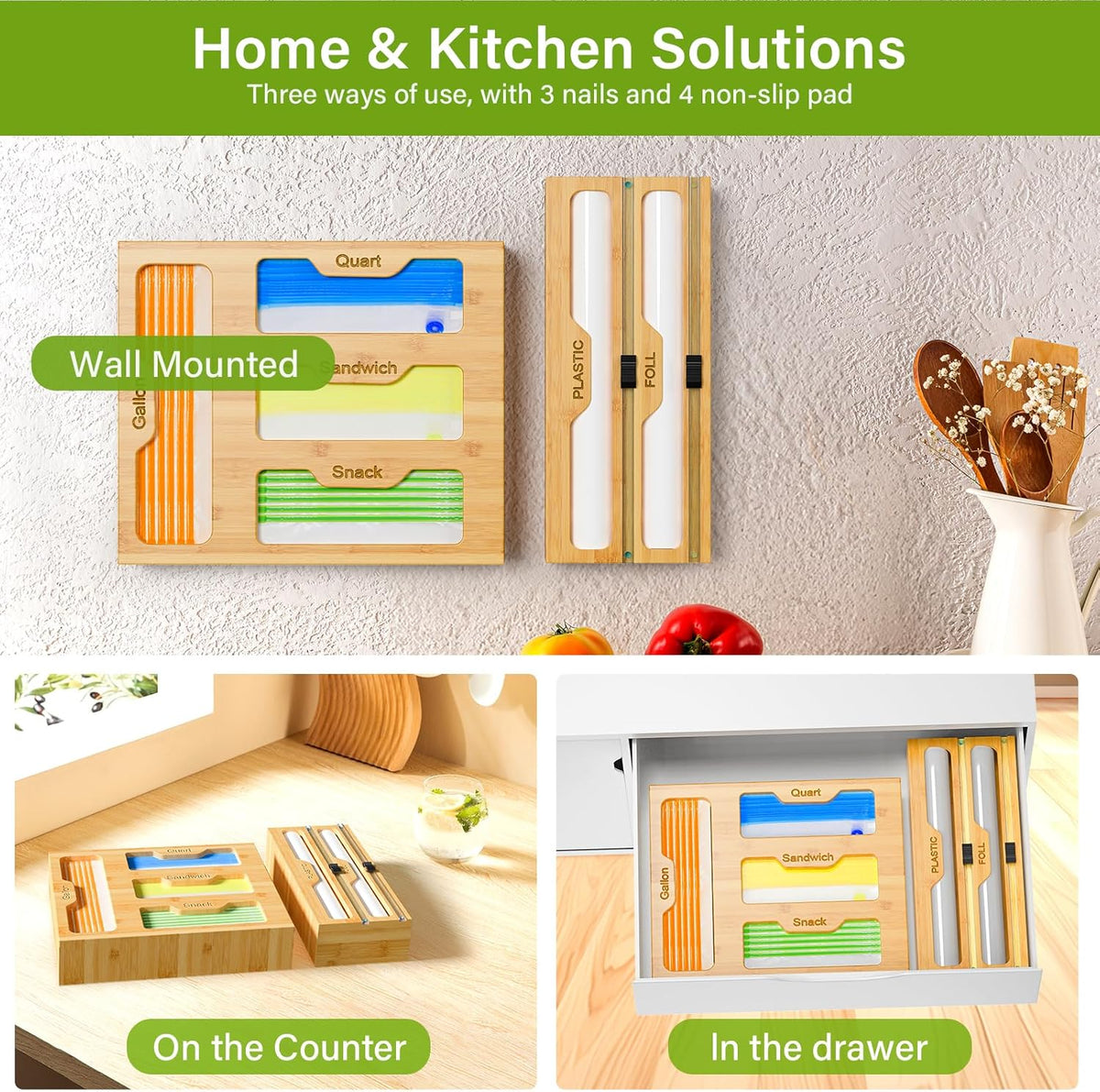 Bag Organizer and Plastic Wrap Dispenser with Cutter, 6 In 1 Bamboo Foil and Plastic Wrap Organizer for Kitchen Drawer, Food Storage Bag Organizer for Gallon,Quart,Sandwich,Snack(Yellow)