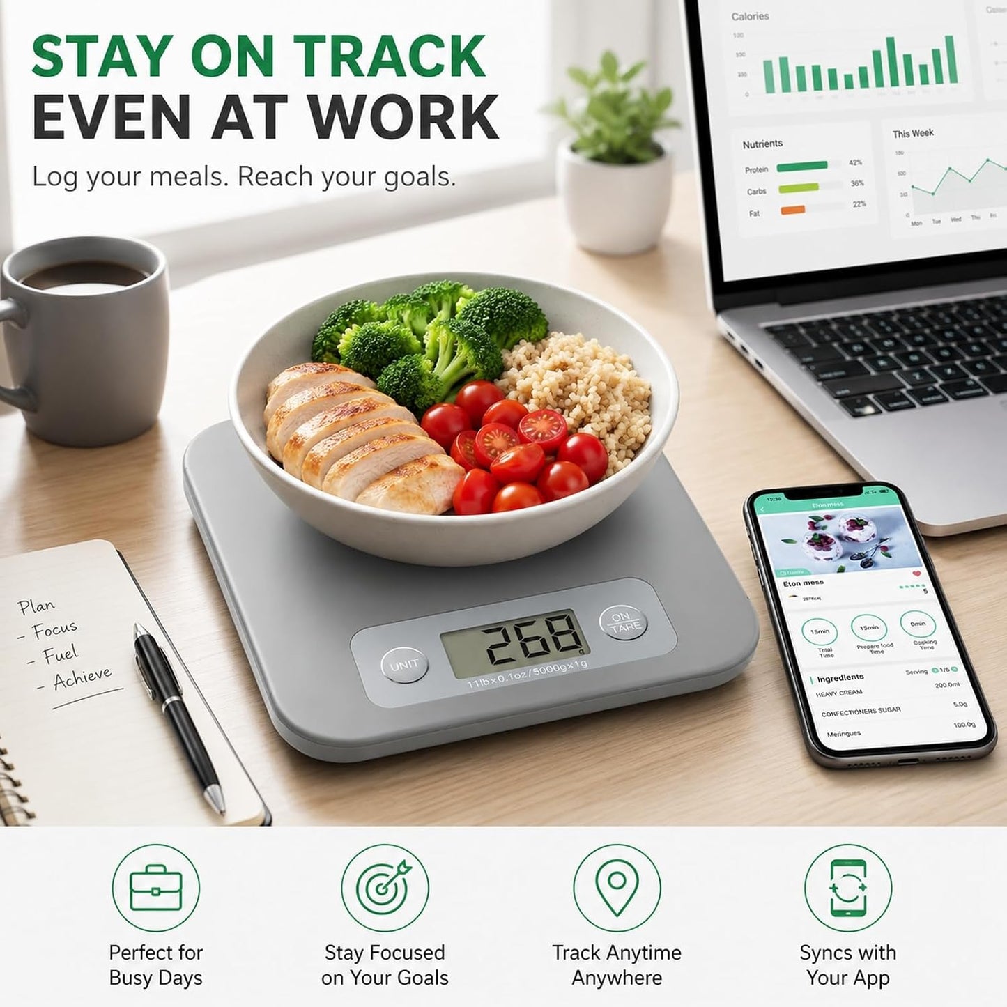 URAMAZ Smart Food Scale with Nutritional Calculator, Digital Kitchen Scale with Bluetooth App for Weight Loss, Food Weight Scale for Diet, Keto, Macro, Calories Counting, Tracking, 11lb