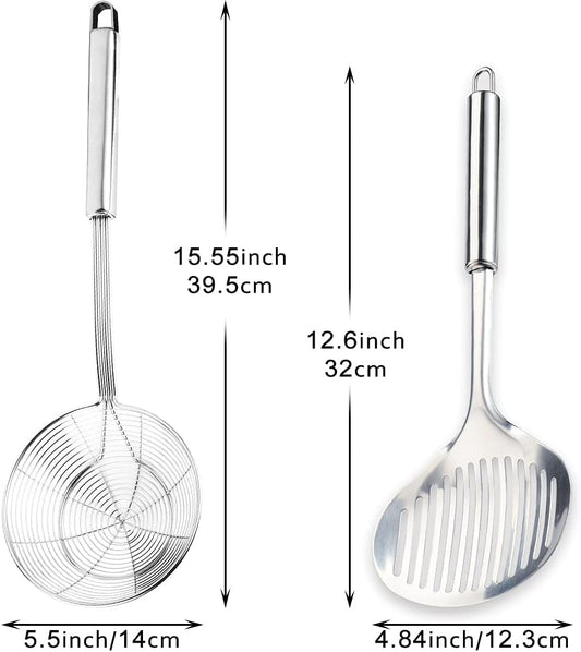 Multi Kitchen Utensil Stainless Steel Cooking Skimmer Slotted Fish Turner Spatula Spoon Colander Drain Water Filter Spoon Ladle Spider Strainer Skimmer Ladle for Cooking &Frying (2pcs)