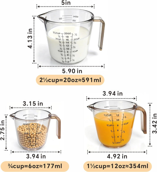 Measuring Cups Set, 3PCS with Pour Spout & Handle, Multi-Scale (cup | oz | ml) Stackable Liquid & Dry Plastic Measuring Tools for Baking Cooking, Essential Kitchen Gadgets (Coffee Brown)