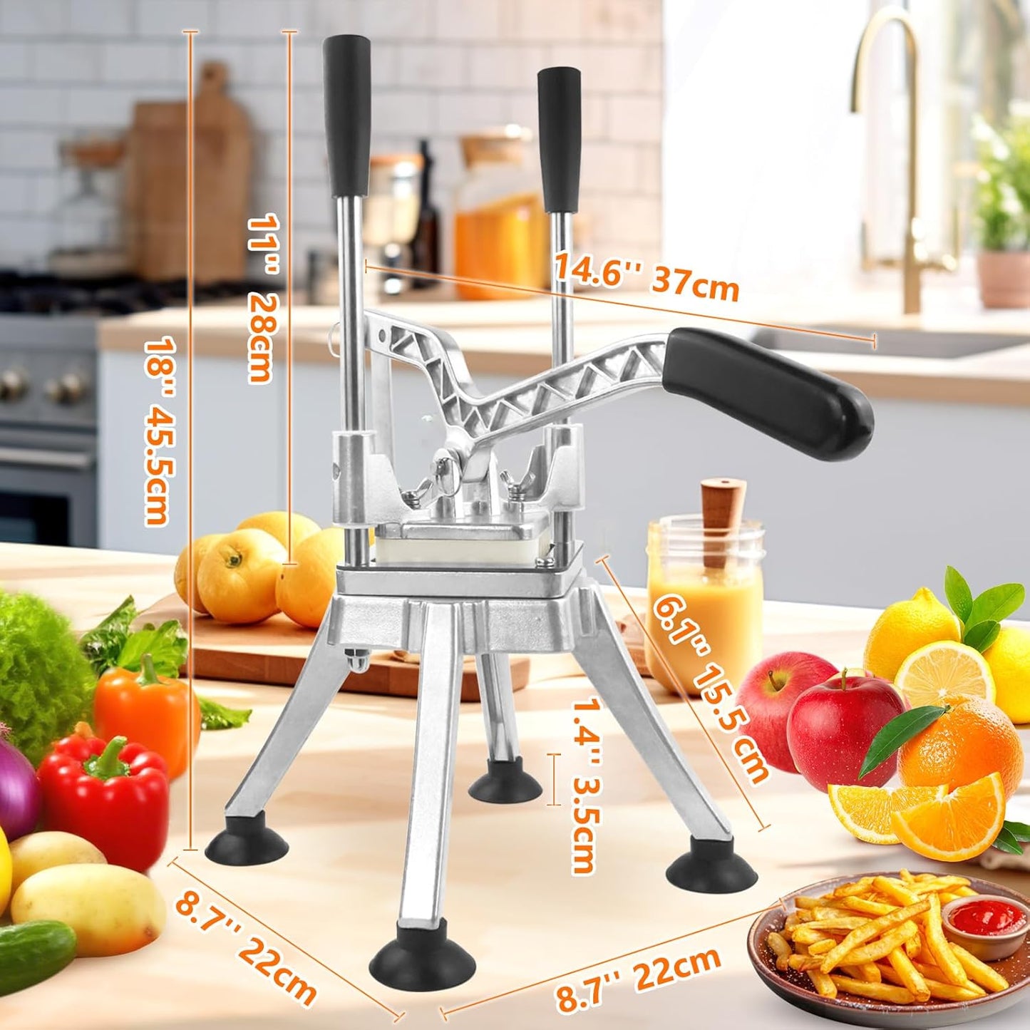 Commercial French Fry Cutter with 1/4'' 3/8'' 1/2'' 8-Wedges Stainless Steel Blades Vertical Potato Slicer Manual Vegetable Chopper for Onion Carrot Lemon