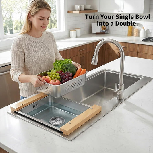 Over the Sink Colander & Dish Basin Combo,Dish Pan for Sink,Sink Wash Basin | Stainless Steel Dish Basin with Drain, Dish Washing Pan for Kitchen Sink, wash tub for dishes, sink accessories