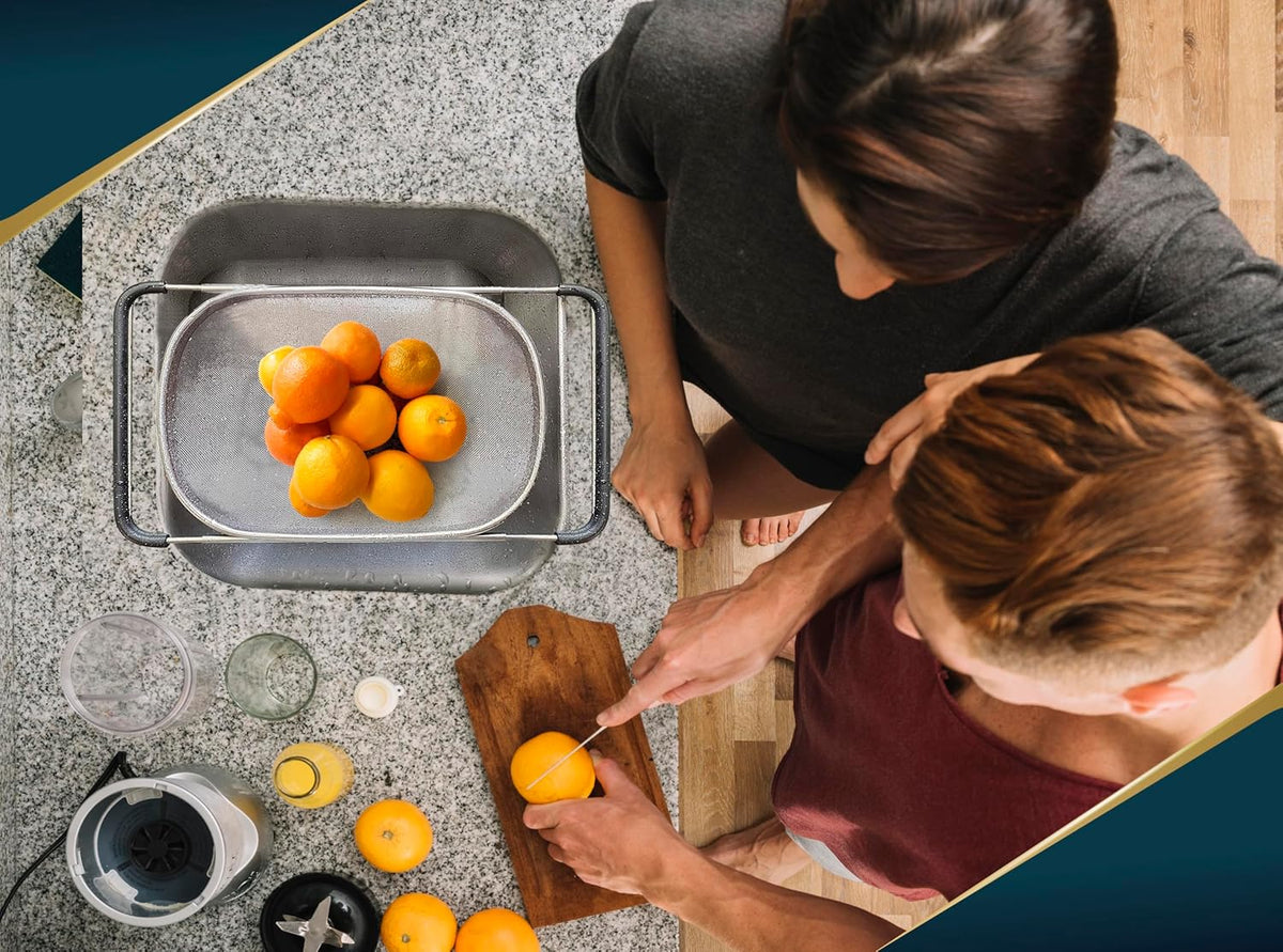 Over the Sink Colander for Kitchen - 6 Quart Over the Sink Strainer Basket with Extendable Ergonomic Handles and Resting Feet - Multipurpose Fine Mesh Strainer for Kitchen