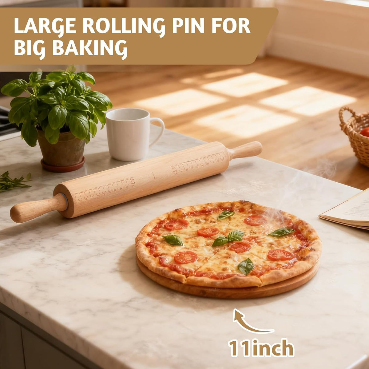 Long Adjustable Wood Rolling Pin: 21.1 Inch Rolling Pin with Thickness Ring