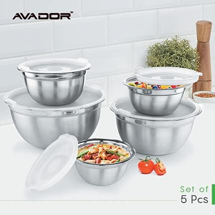 Premium Stainless Steel Mixing Bowls with Lids, Set of 5 Brushed Stainless Steel Mixing Bowl Set, Easy To Clean, Space Saving, Great for Cooking, Baking, Prepping (0.25qt, 1qt, 1.5qt, 3qt, 5qt)
