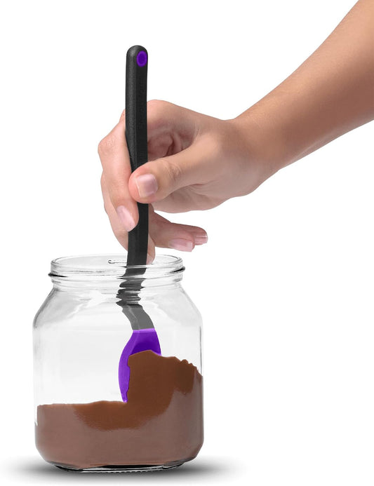 Mini Supoon Non-Stick Sit-Up Silicone Scraping Cooking Spoon, Jar Scraper Measures 5ml Tsp - 8" Purple | Non-stick cookware safe, mess-free, sit up head with flat squeegee tip, heat-resistant, measures 5ml tsp, 8"