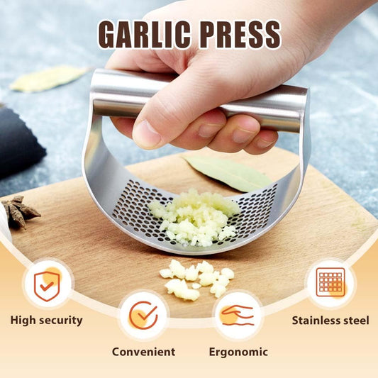 Garlic Press Rocker Stainless Steel Garlic Presser, Upgrade Heavy Duty Mincer Crusher, Portable Manual Press Tool with Peeler and Cleaning Brush, Kitchen Gadgets for Smashing Garlic (With Corkscrew)