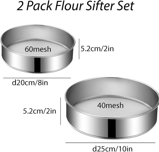2 Pack Flour Sifter,Stainless Steel Fine Mesh Strainers Flour Sieve,8 Inch 60 Mesh and 10 Inch 40 Mesh for Baking Cake Bread (8"/60 mesh and 10"/40 mesh)