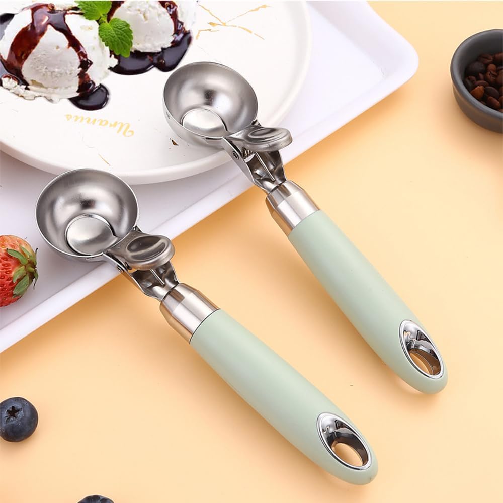 Set of 2 Stainless Steel Ice Cream Scoops - 1.85"x1.85" Deep Scoop with Spring-Loaded Release | Non-Stick Melon Baller for Fruits, Dessert & Cookie Dough