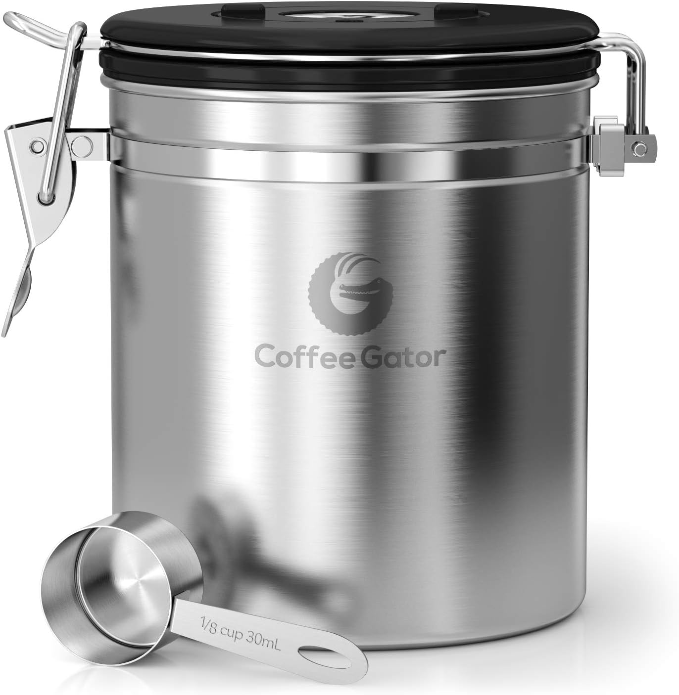 Stainless Steel Canister - Medium 16oz, Gray Coffee Grounds and Beans Container with Date-Tracker, CO2-Release Valve, and Measuring Scoop - Ideal Coffee Lovers Gifts