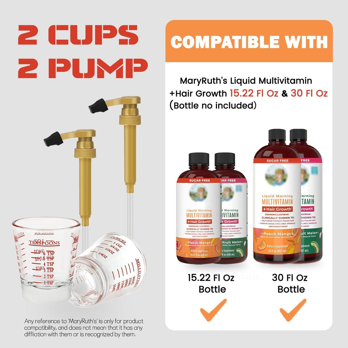 2 Pack for MaryRuth Liquid Multivitamin, 1ml Pump & Shot Glass Set
