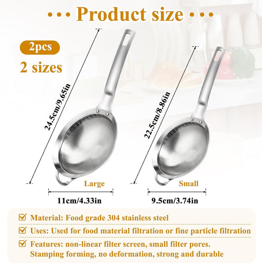 2 Packs Punch Hole Sieve Fine Mesh Stainless Steel Mesh Strainer Small Colander Strainer with Handle Metal Mini Sifter Set for Kitchen Baking Straining Flour Quinoa Tea Juice