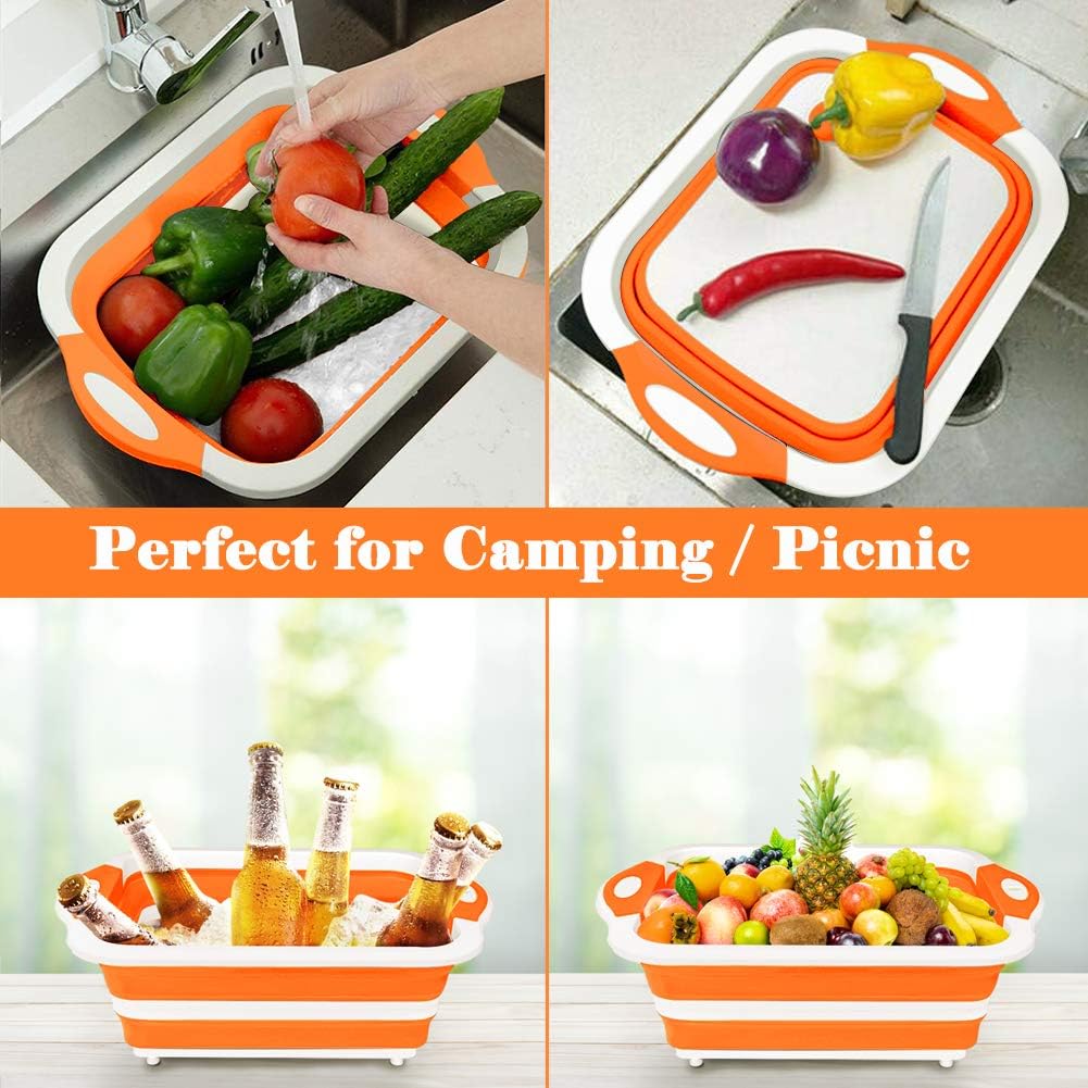 Collapsible Cutting Board, Foldable Chopping Board with Colander, Multifunctional Kitchen Vegetable Washing Basket Silicone Dish Tub for BBQ Prep/Picnic/Camping(Light Blue)
