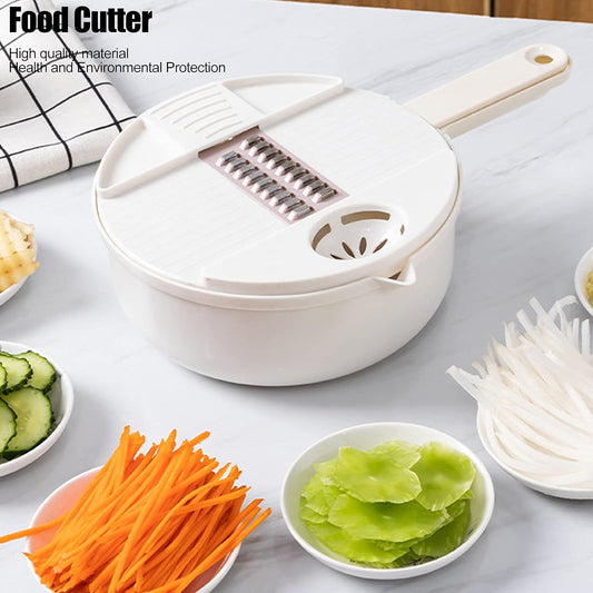 Multi Vegetable Cutter, 12 in 1 Manual Food Chopper with Hand Guard, Stainless Steel Blades, White, Kitchen Slicing Tool