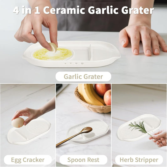 4 in 1 Ceramic Garlic Grater with Egg Cracker,Spoon Rest and Herb Stripper, Ginger Grater Plate for Grinding Wasabi Fruits Vegetables Ginger Garlic Cheese(6.76inx3.7in)