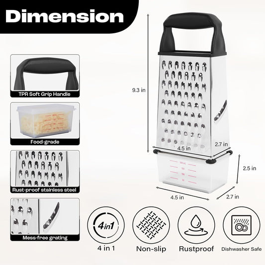 Professional Box Cheese Grater with Container & Handle | Durable Stainless Steel Cheese Shredder for Kitchen, Multi-Sided Food Chopper for Kitchen Use – Black